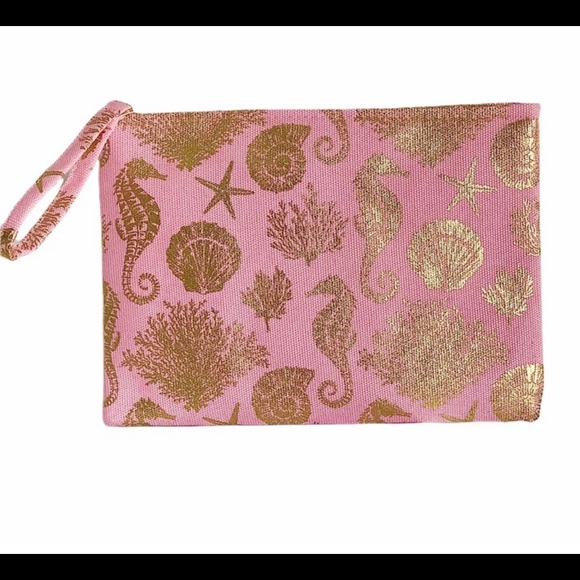 Pink and Gold Metallic Foil Print Sea Life Wristlet Clutch Zip Bag - Picture 4 of 12